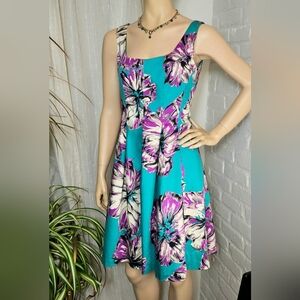 Nine West Floral Fit & Flare Dress Teal Purple Sleeveless Size 6 NWT